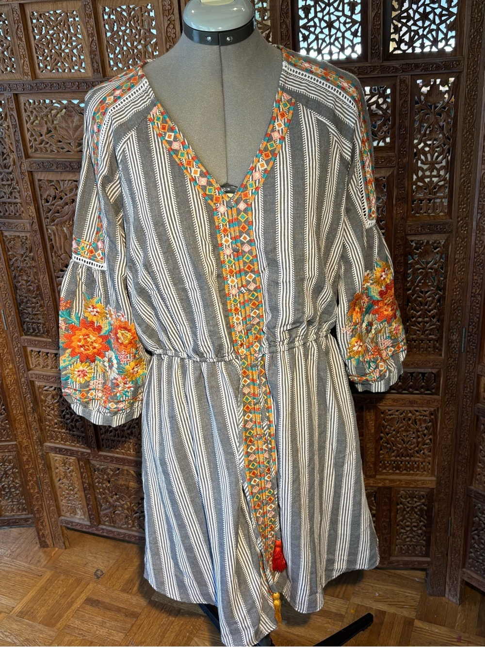 ANDREE BY UNIT Striped Midi Dress with Bright Floral Embroidery